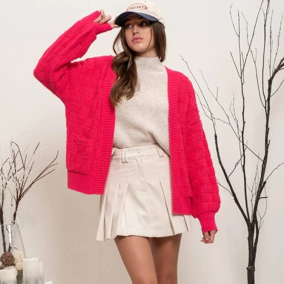 Blu Pepper Checkered Textured Knit Bright Pink Cardigan size S - Picture 3 of 8